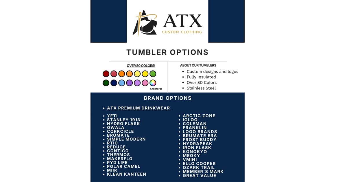ATX Drinkware tumbler color and brand options guide showing available cup colors and product lines