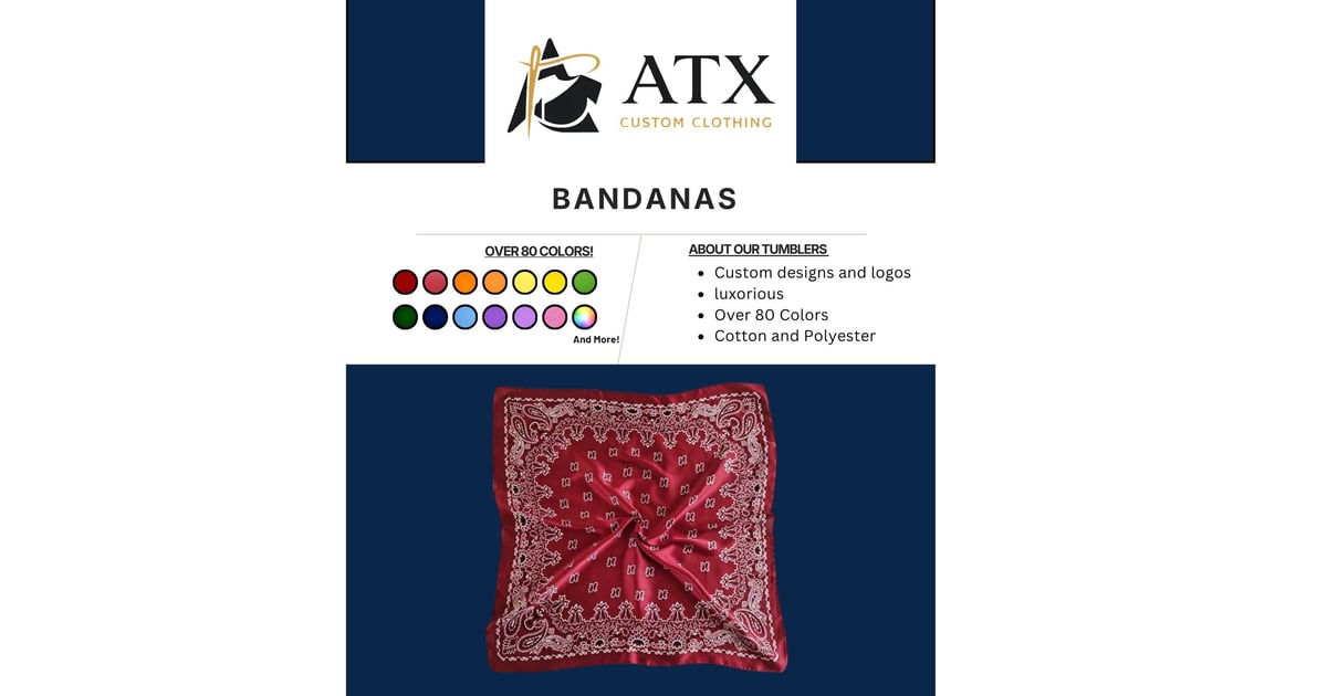 ATX Bandanas product display showing color options and a burgundy paisley-patterned bandana on dark blue background