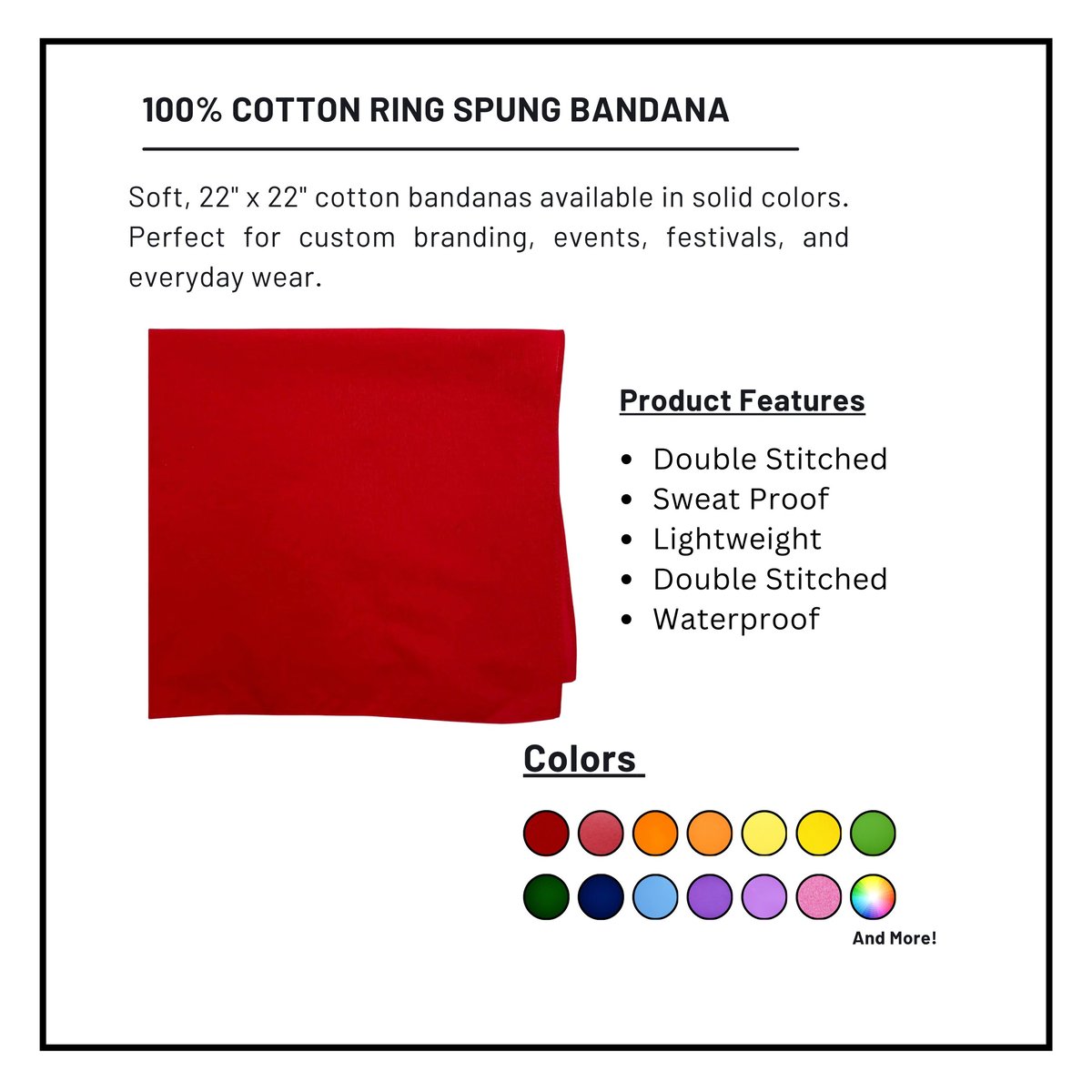 Red 22x22 inch 100% cotton ring spun bandana with product features and available color swatches displayed
