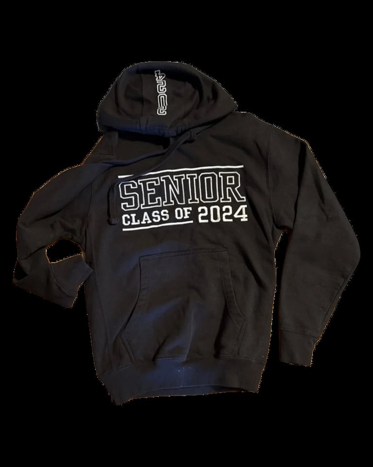 Black hoodie with Senior Class of 2024 text design and front kangaroo pocket displayed on white background