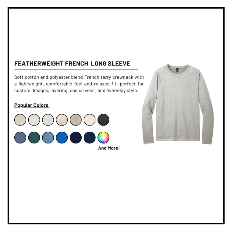 Featherweight French long sleeve crewneck shirt in gray with available color swatches displayed below product description.