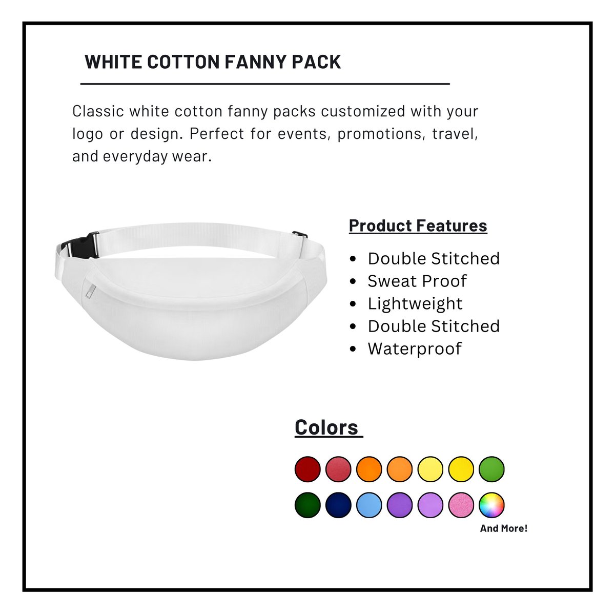 White cotton fanny pack with product features listed and color options displayed in circular swatches