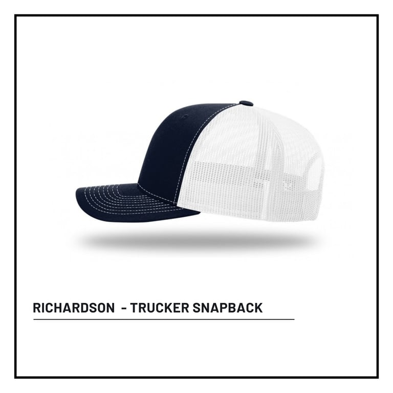 Richardson trucker snapback cap in navy blue and white mesh shown from side view