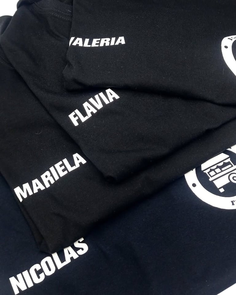 Stack of black garments with white text names