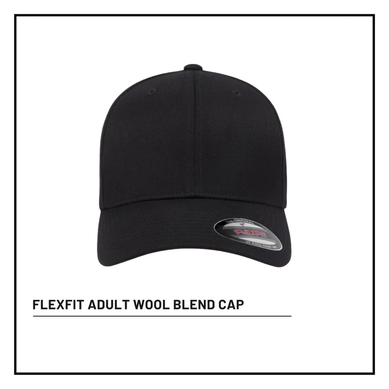 Black FlexFit adult wool blend cap with curved bill on white background