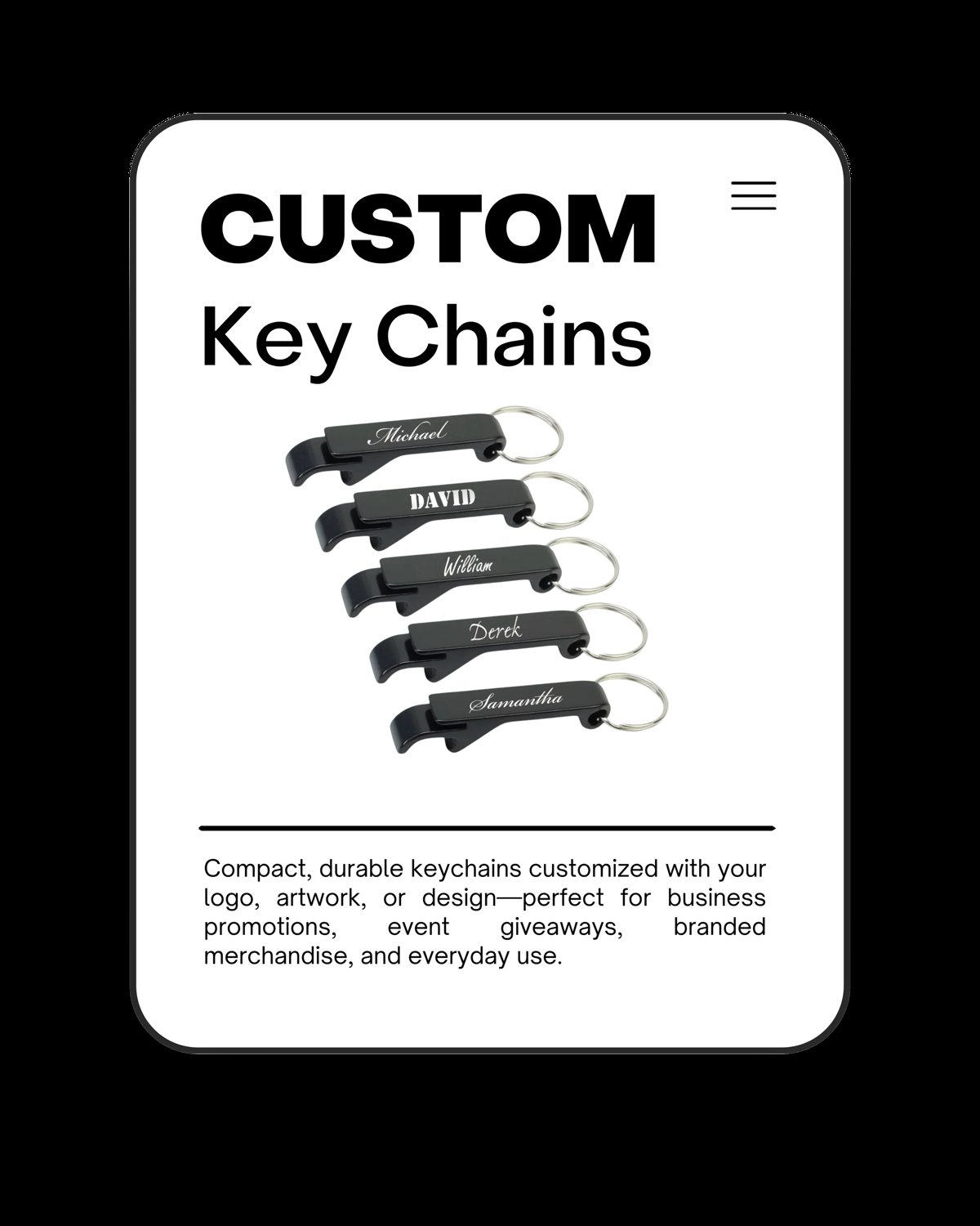Custom key chains with personalized names engraved on black bottle opener keychains with silver rings