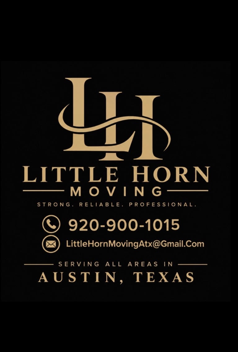 Little Horn Moving company logo with contact information and Austin Texas service area on black background