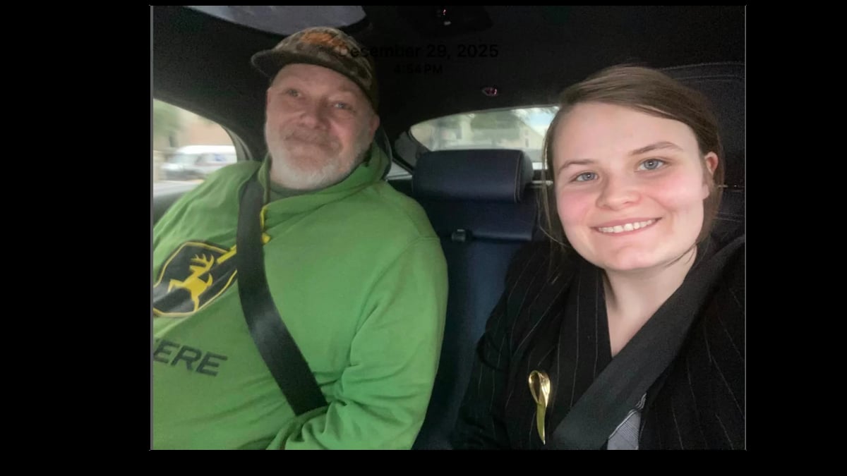Two people sitting in a cars back seat. Man on left wears green jacket and cap, woman on right smiles at camera wearing black jacket.