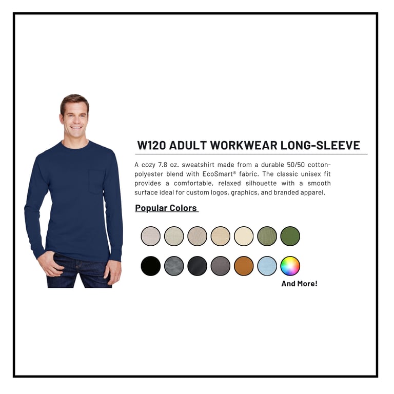 Man wearing navy long-sleeve W120 adult workwear sweatshirt with color swatch options displayed