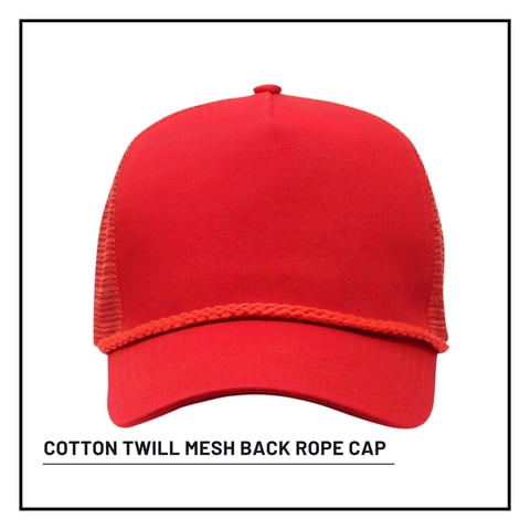 Red cotton twill mesh back rope cap with structured front panel and ventilated mesh back, displayed on white background