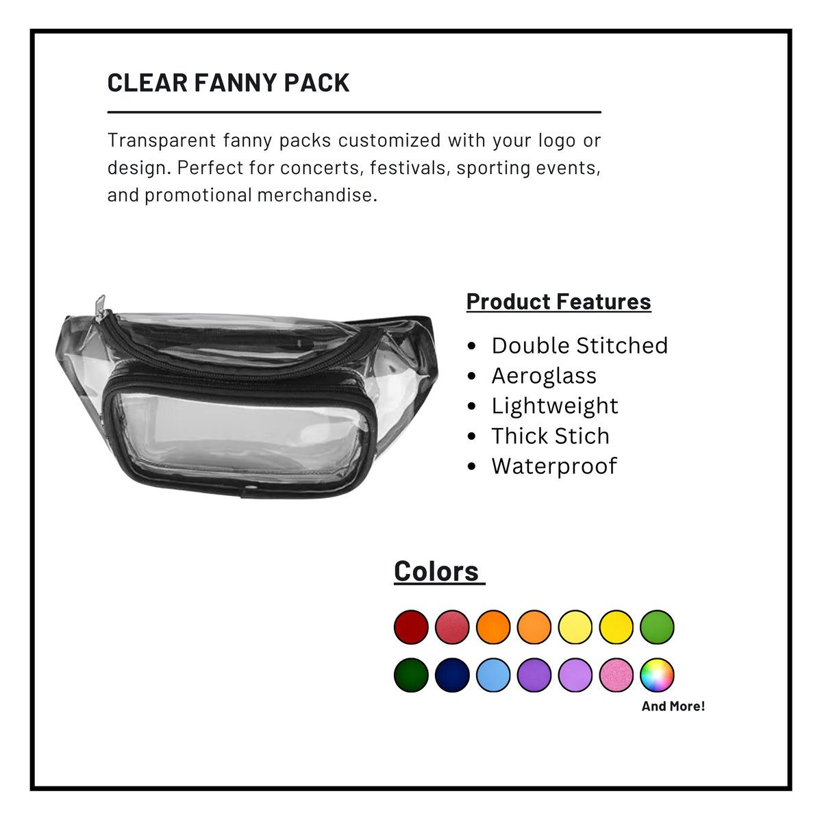 Clear fanny pack product image with features list including double stitched, aeroglass, lightweight construction, and available colors
