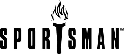 Sportsman logo featuring a torch with flames above bold black text