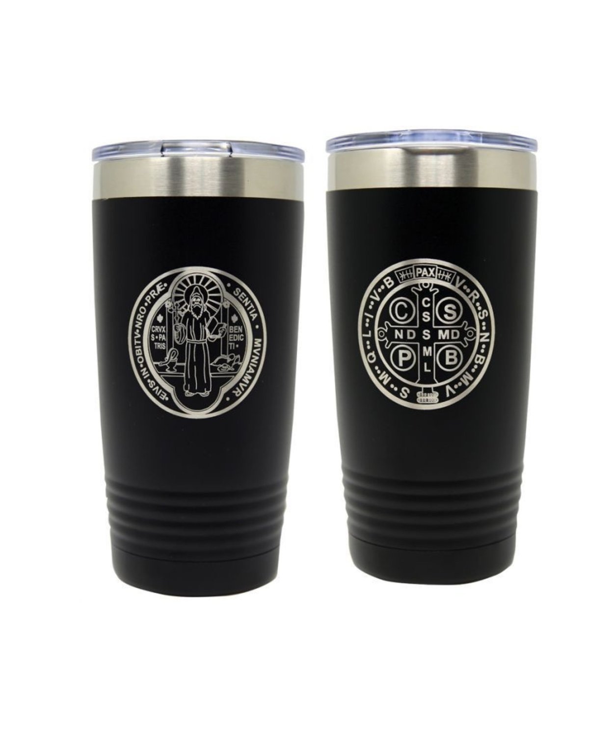 Two black insulated tumblers with stainless steel rims featuring engraved religious medallion designs