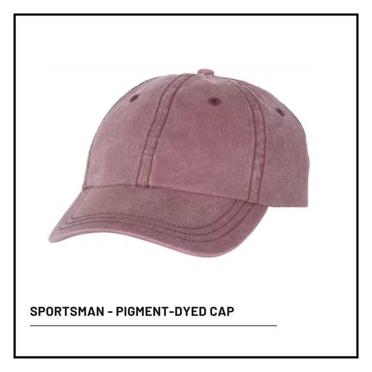 Dusty mauve pigment-dyed sportsman cap with curved bill and stitched panels on white background