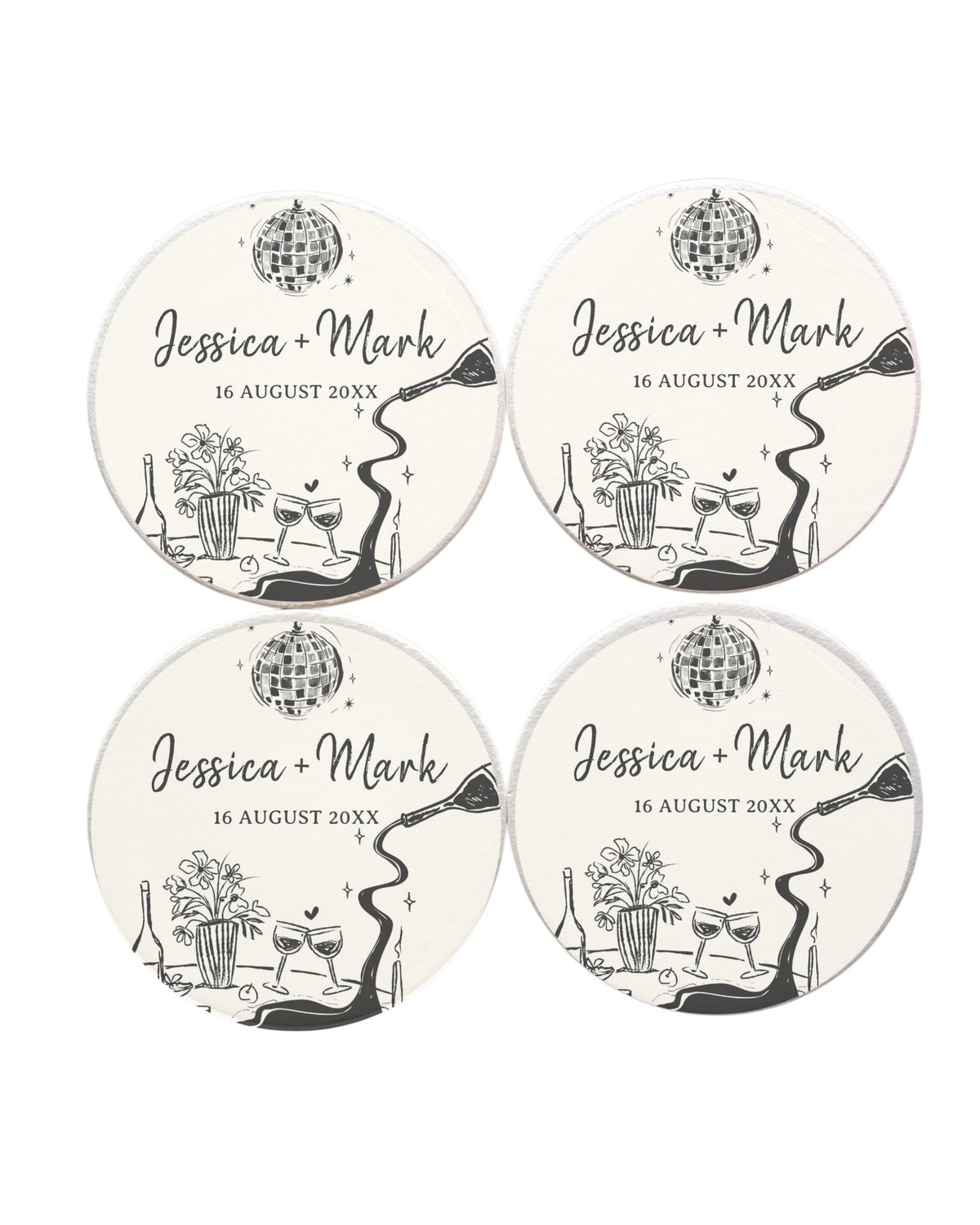 Four circular wedding favor stickers for Jessica and Mark dated August 16, featuring disco ball and party illustration in black and white