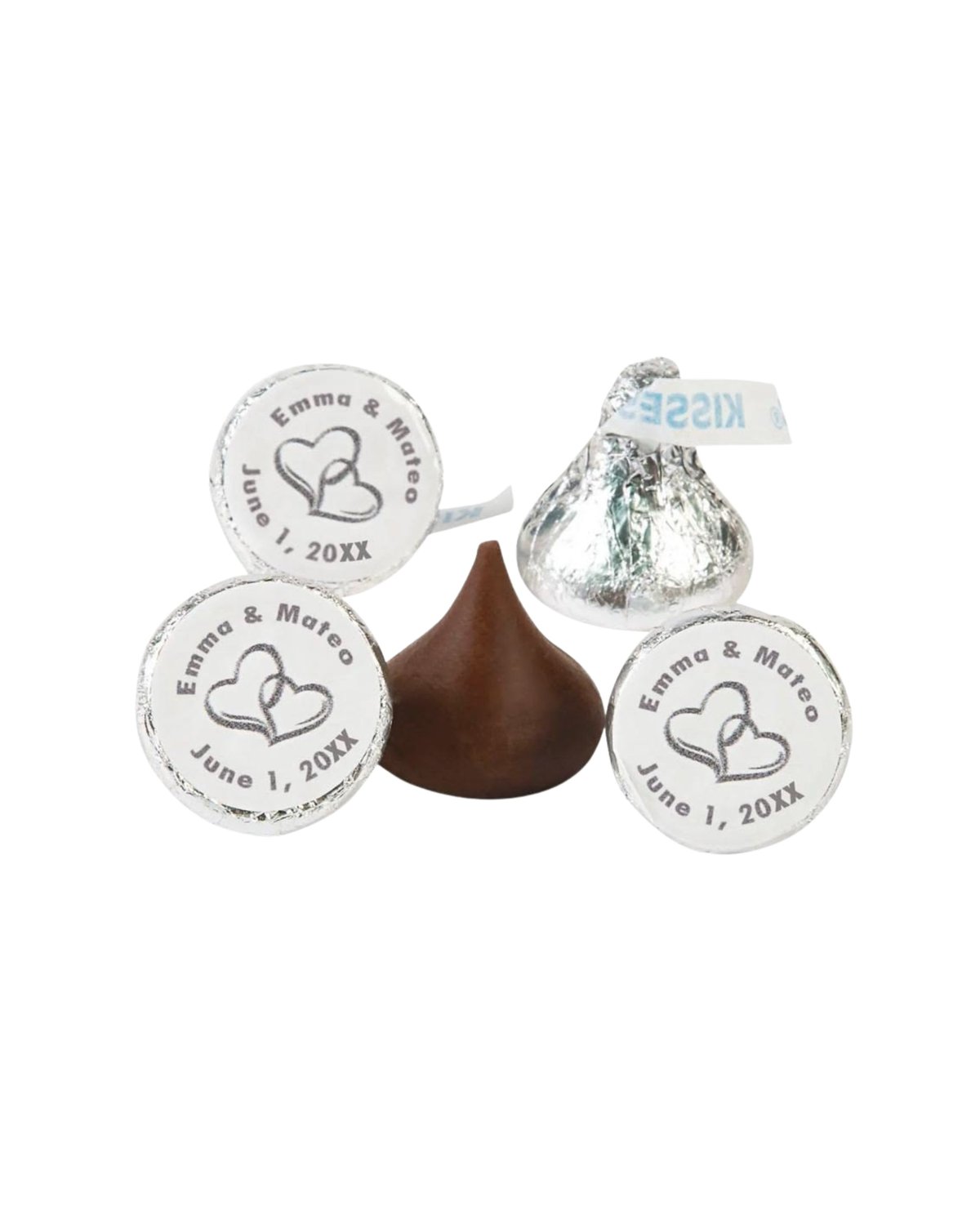 Personalized wedding chocolate kisses with custom labels showing couples names and wedding date June 1, 2024