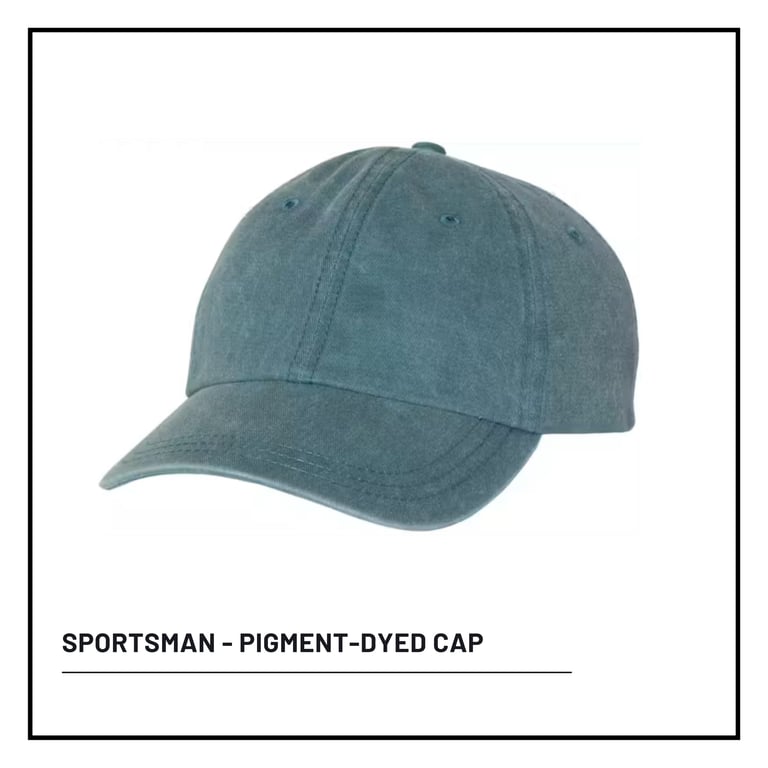 Teal pigment-dyed sportsman cap displayed on a white background against a black border