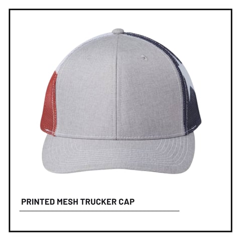 Printed mesh trucker cap with gray front panel and red and navy mesh sides on white background