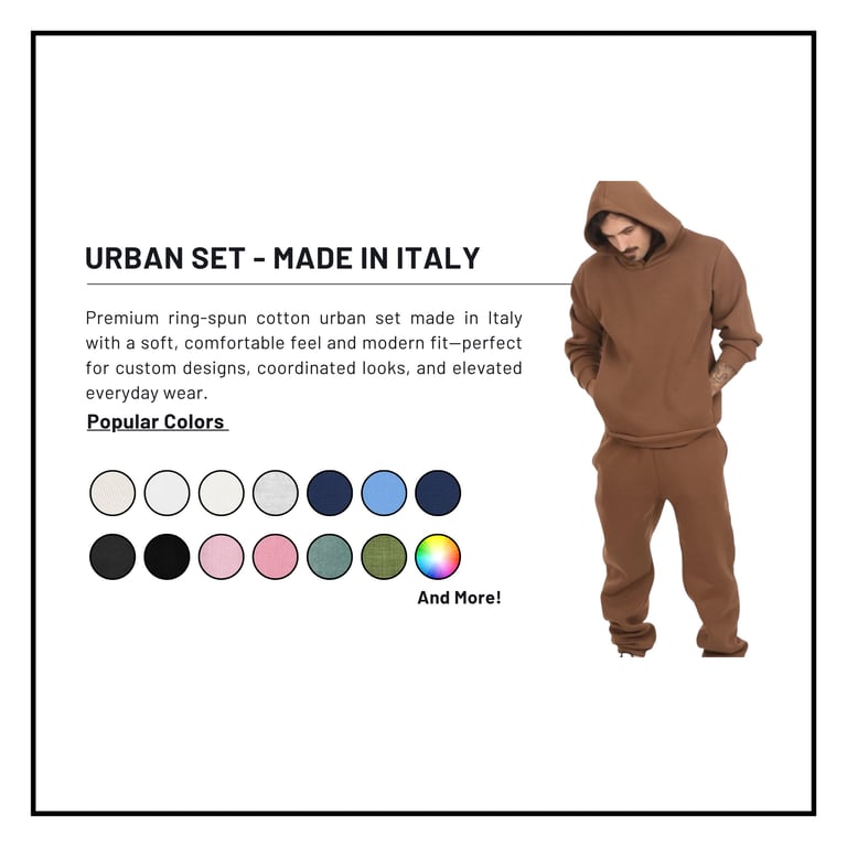 Male model wearing brown urban cotton hoodie and joggers set. Product display showing various color options available for this Italian-made premium outfit.