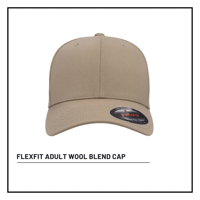Tan flexfit adult wool blend cap with curved bill against white background