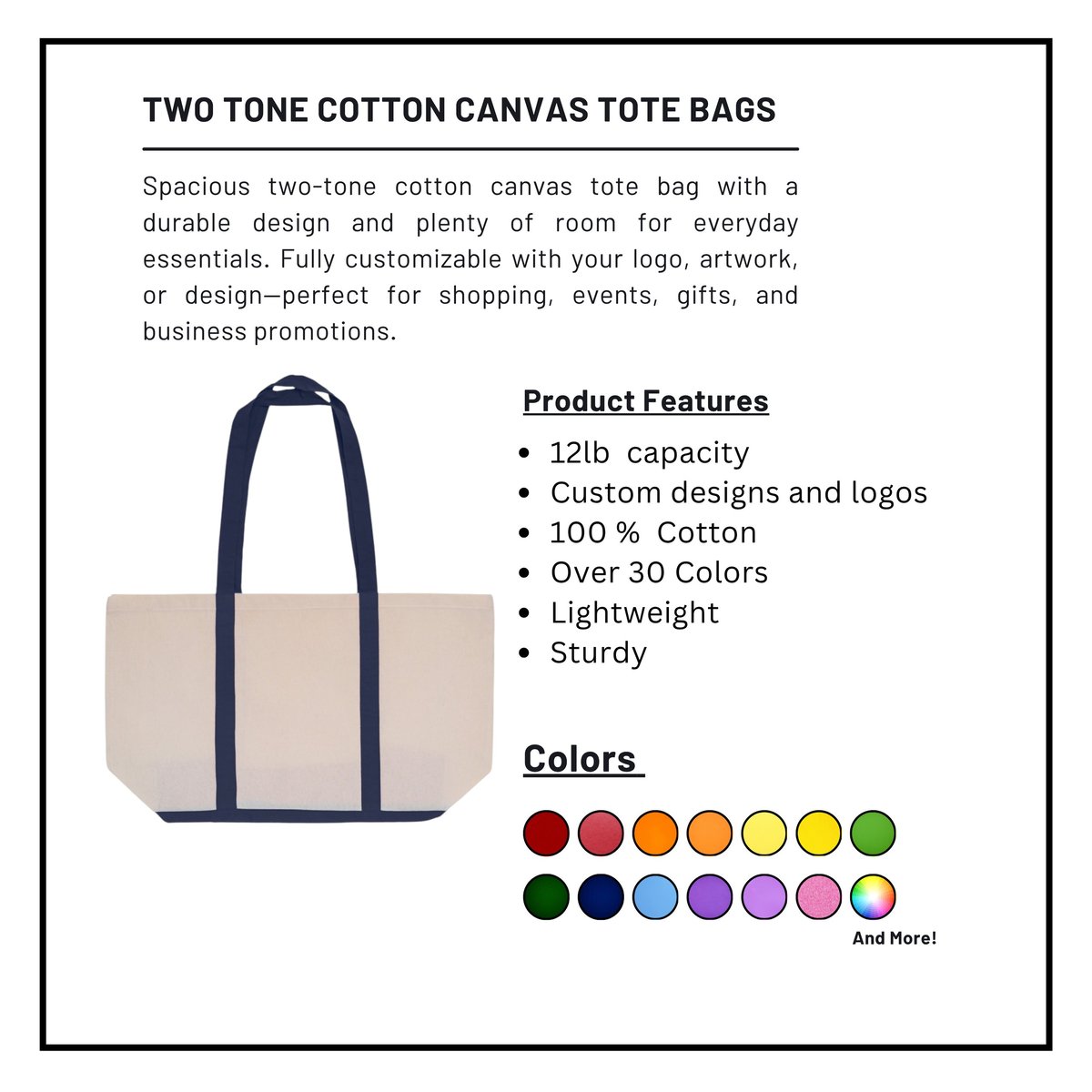 Two-tone cotton canvas tote bag in cream and navy with product features and color options displayed