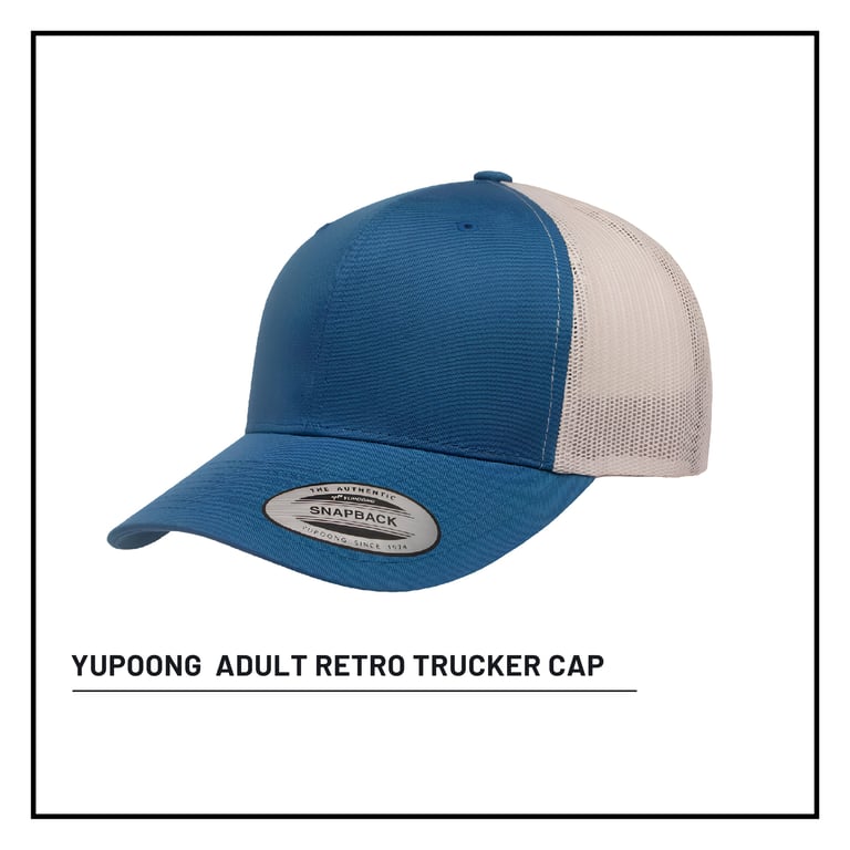 Blue and white Yupoong adult retro trucker cap with curved bill on white background