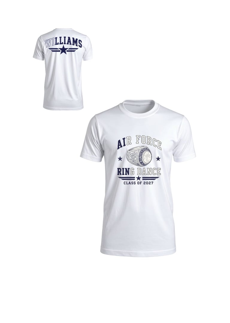 Two white graphic t-shirts with WILLIAMS and Air Force Ring Dance