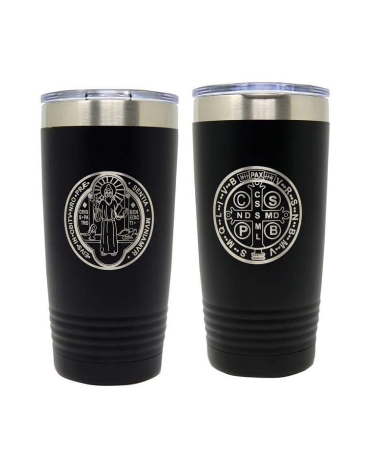 Two black insulated tumblers with religious medallion design