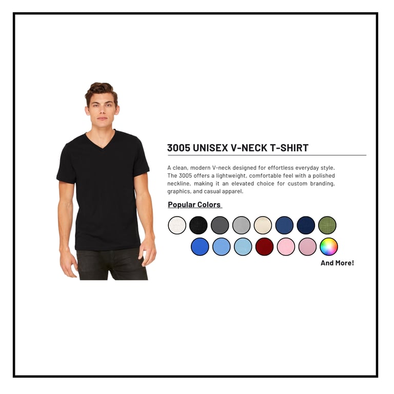 Man wearing black 3005 Unisex V-Neck T-Shirt with product description and color swatch options displayed on the right