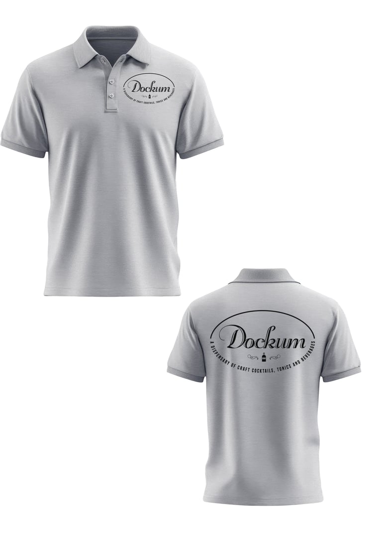 Front and back view of gray Dockum polo shirt