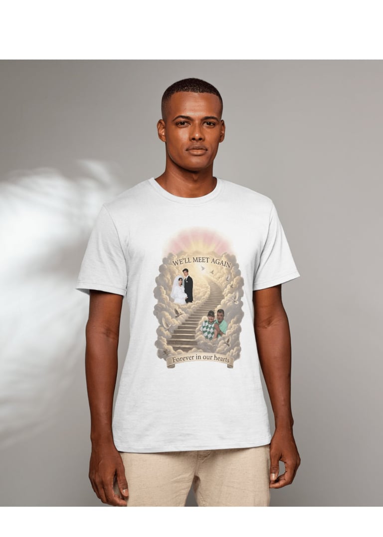 Man wearing white t-shirt with heavenly graphic print featuring figures on cloud stairs and text reading Well Meet Again