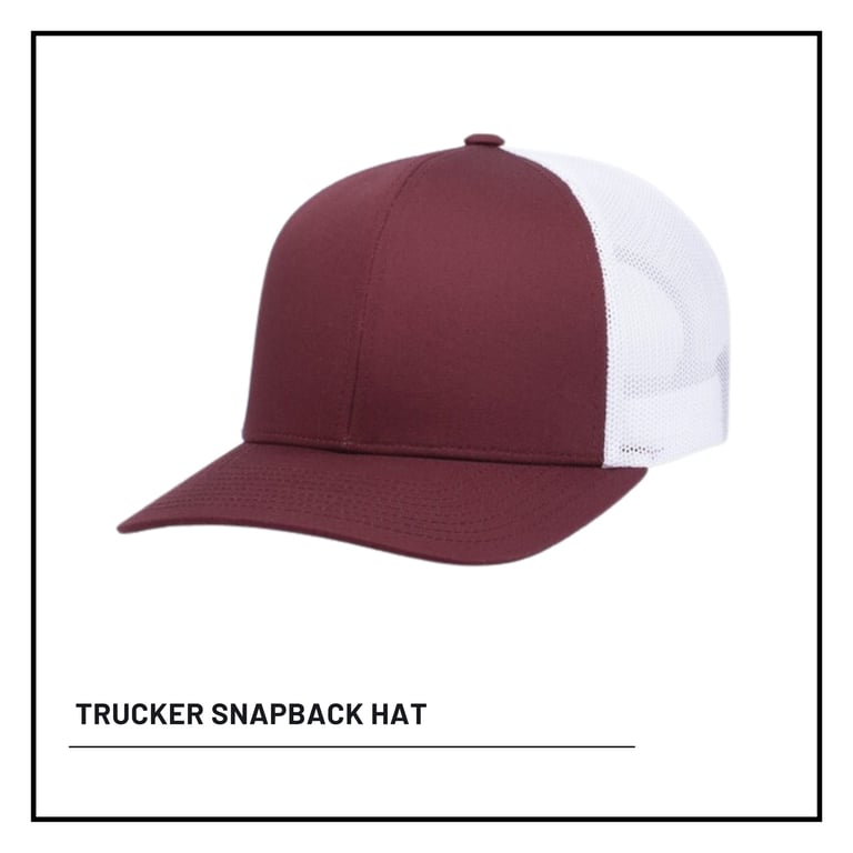 Burgundy and white mesh trucker snapback hat displayed on white background