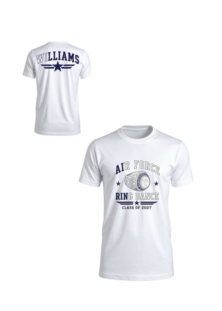 Two white t-shirts displayed: one with Williams logo and star design, another with Air Force Ring Dance Class of 2027 graphic