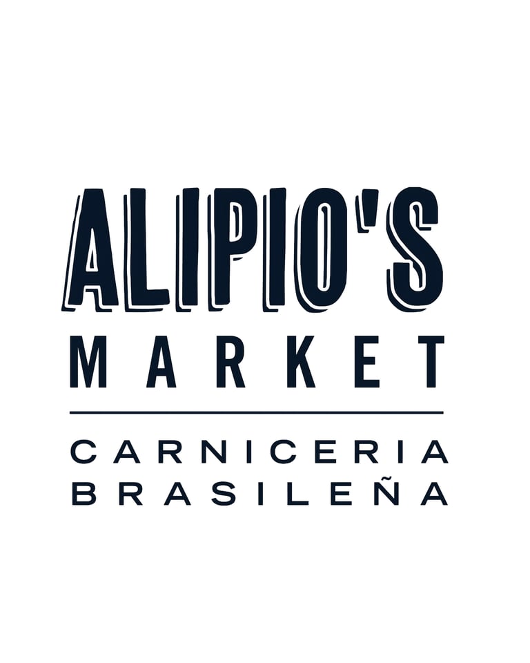 Alipios Market logo featuring bold navy text and tagline Carniceria Brasilena for Brazilian butcher shop