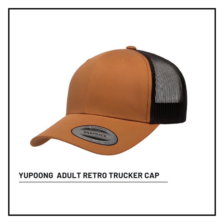 Yupoong adult retro trucker cap in tan and black with mesh back panel on white background