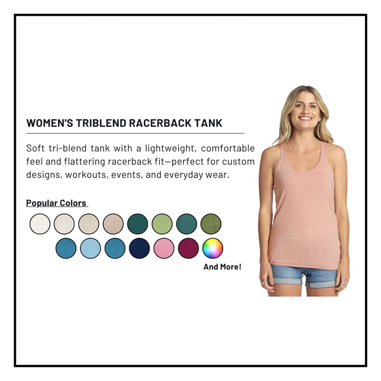 Woman wearing a soft pink tri-blend racerback tank with color swatches displayed below showing available colors