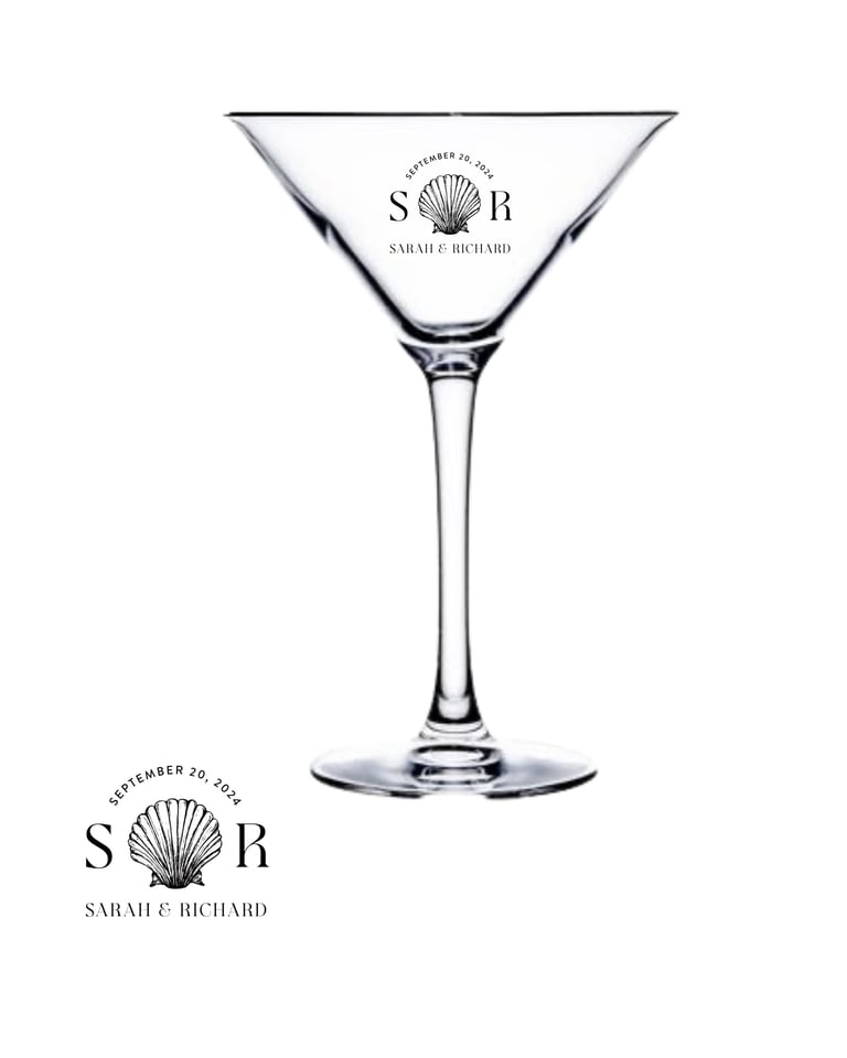 Empty martini glass with Sarah and Richard wedding logo featuring shell design and date September 20, 2024