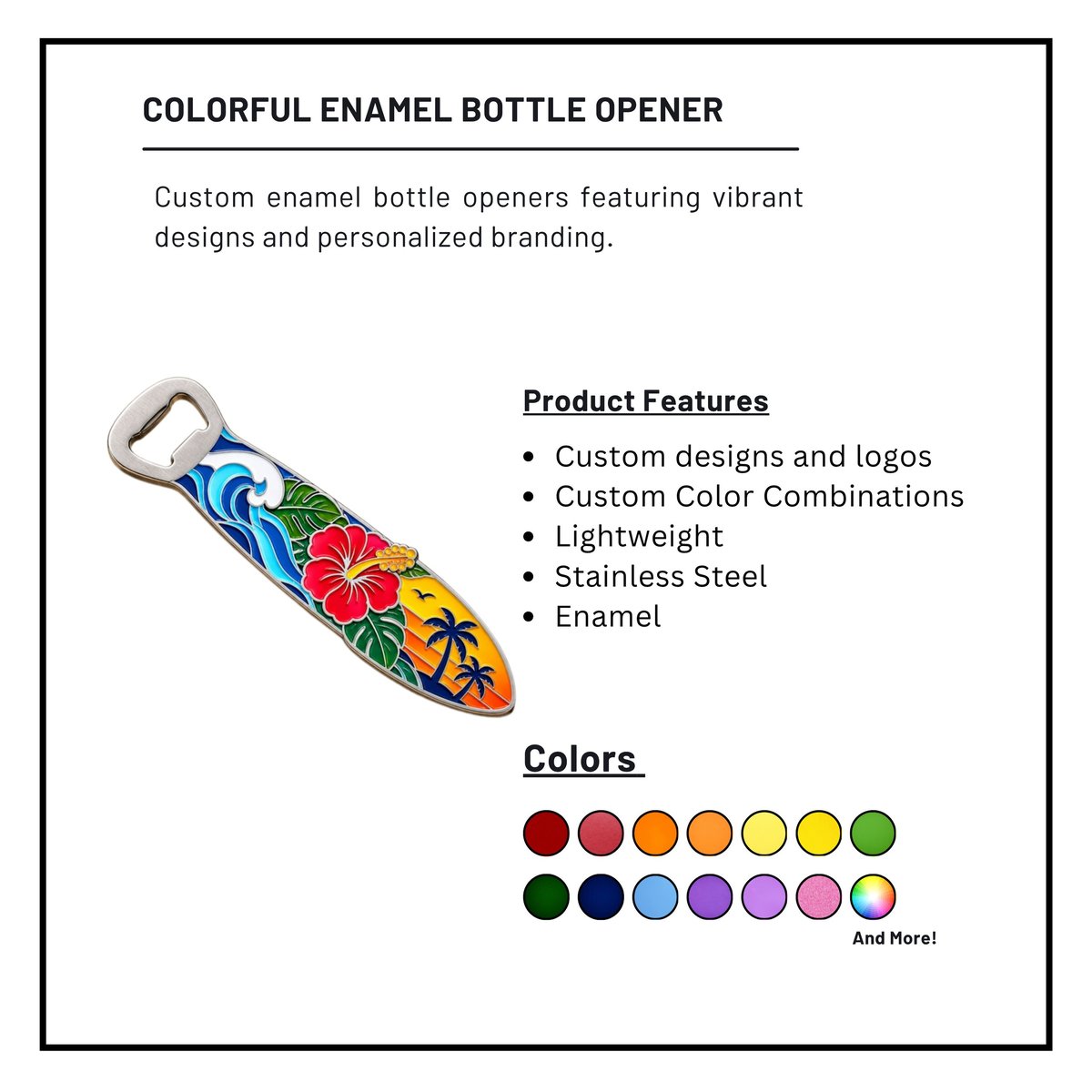Colorful enamel bottle opener with vibrant floral design, featuring carabiner, stainless steel construction, and available in multiple color options