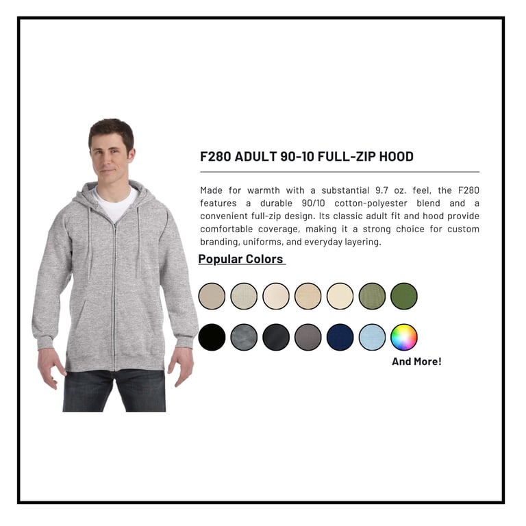 Man wearing gray F280 adult full-zip hoodie with product description and color swatches displayed