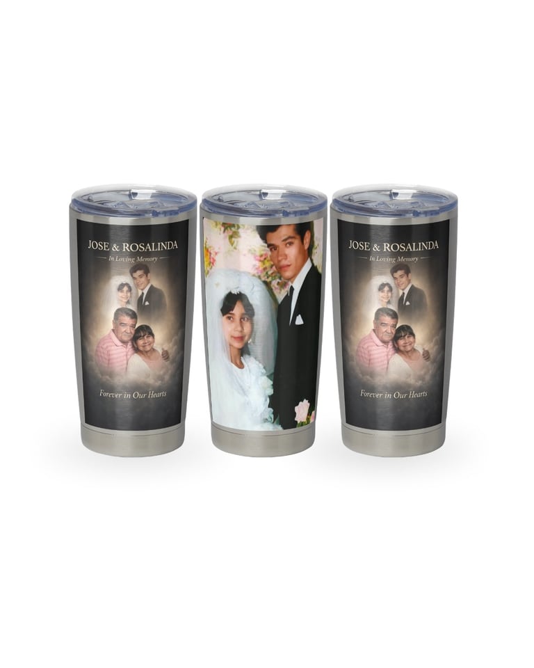 Three personalized stainless steel tumblers with photos of a couple and family, labeled Jose and Rosalinda Forever in Our Hearts