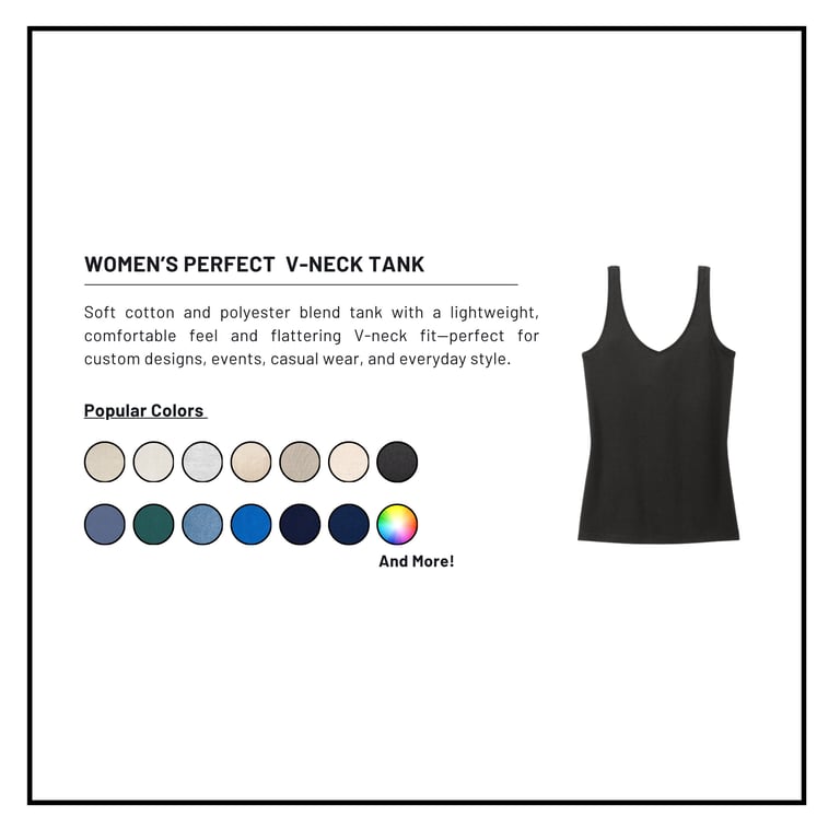Womens Perfect V-Neck Tank product display showing a black tank top with color swatches and product description