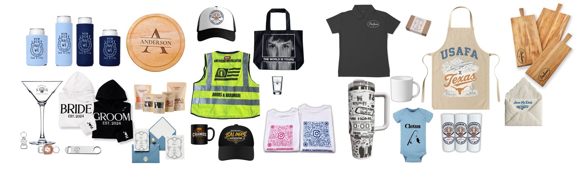 Flat lay collection of branded merchandise including cosmetics, apparel, drinkware, accessories, and lifestyle products arranged on white background