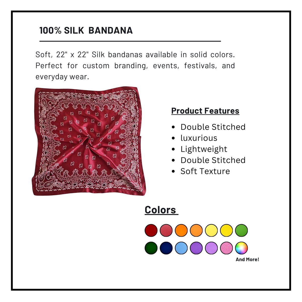 100% silk bandana product listing showing burgundy folded bandana with paisley pattern, features list, and available color swatches