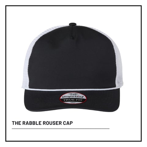 Black and white Rabble Rouser trucker cap with mesh back panel and adjustable fit