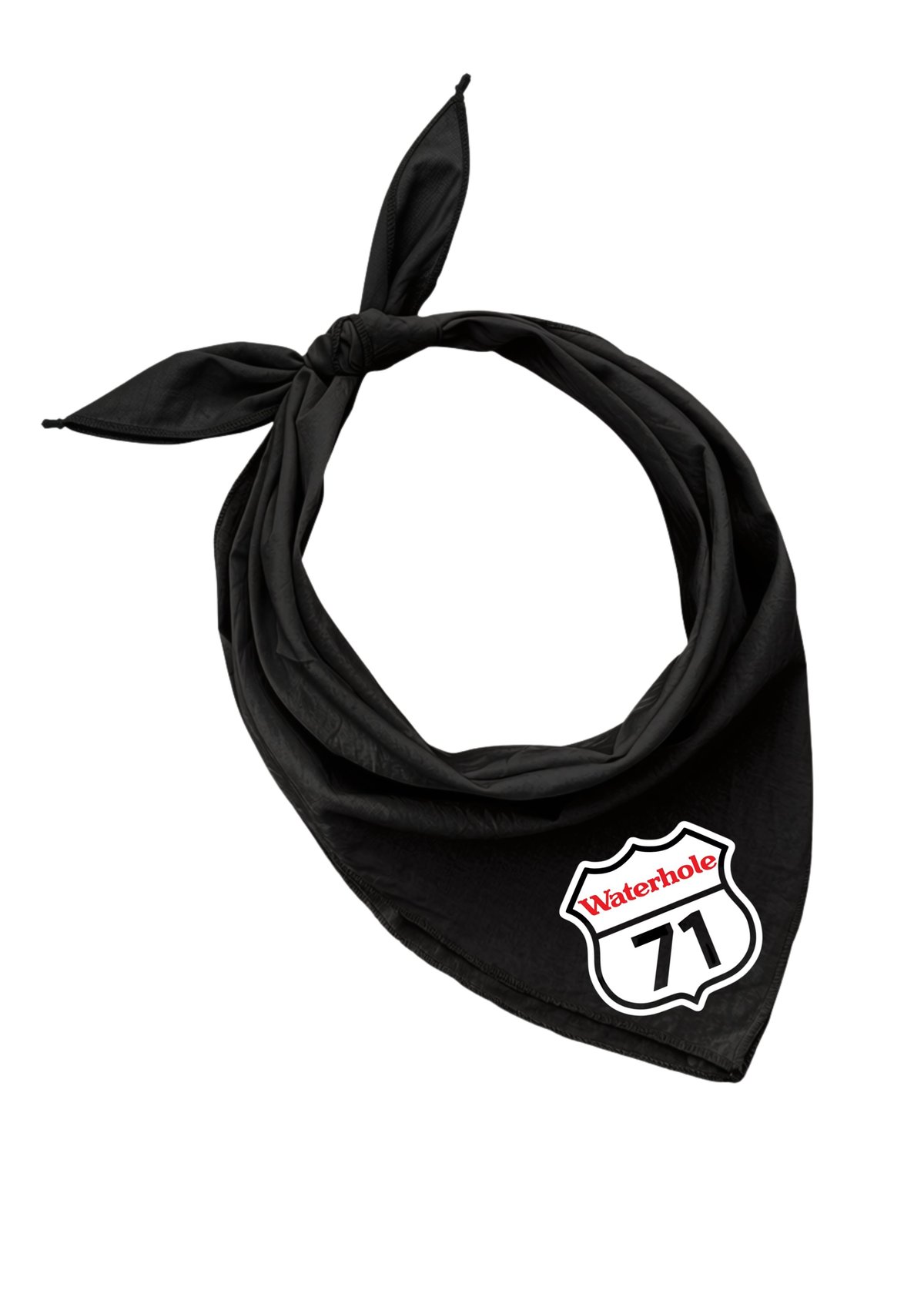 Black bandana with tied knot and Route 71 Waterhole logo patch