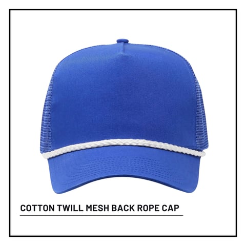 Blue cotton twill mesh back rope cap with white trim on white background