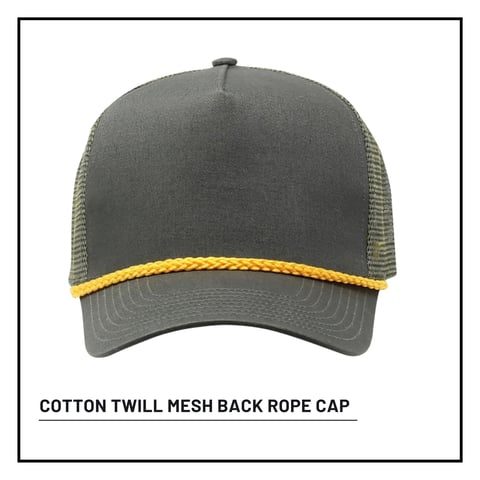 Gray cotton twill mesh back trucker cap with yellow rope trim detail on front