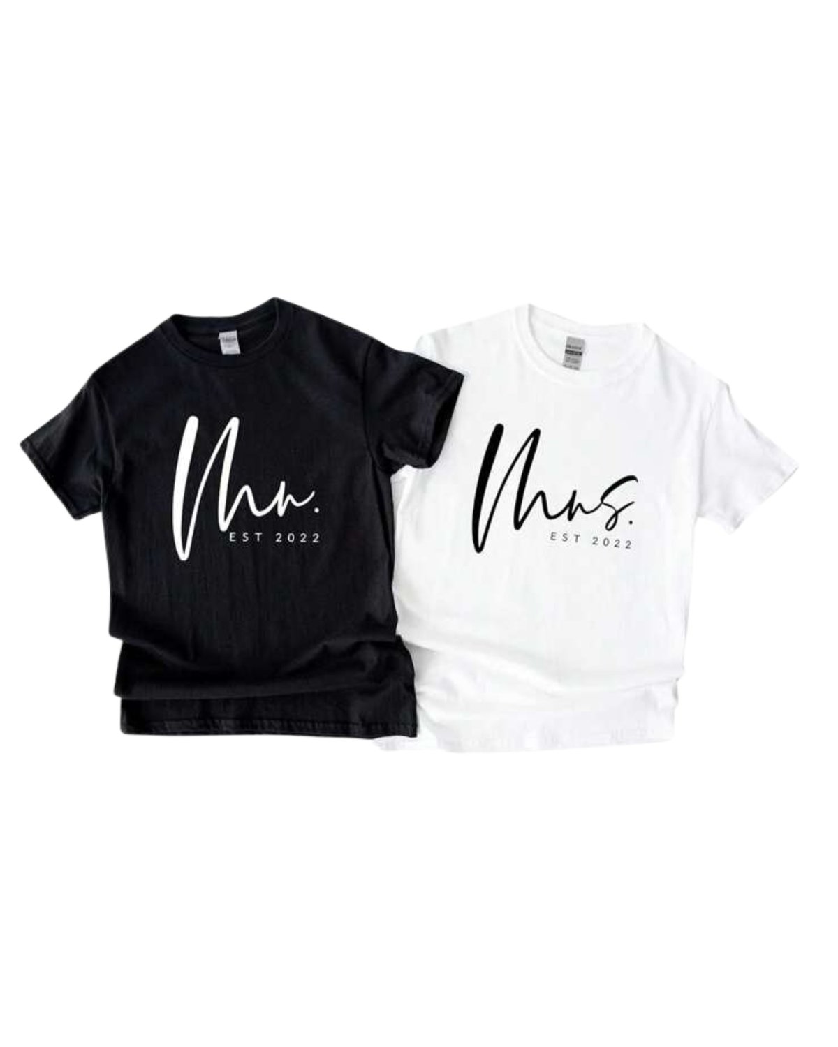 Two matching couple t-shirts, one black and one white, each printed with Mr. Mrs. Est 2022 design