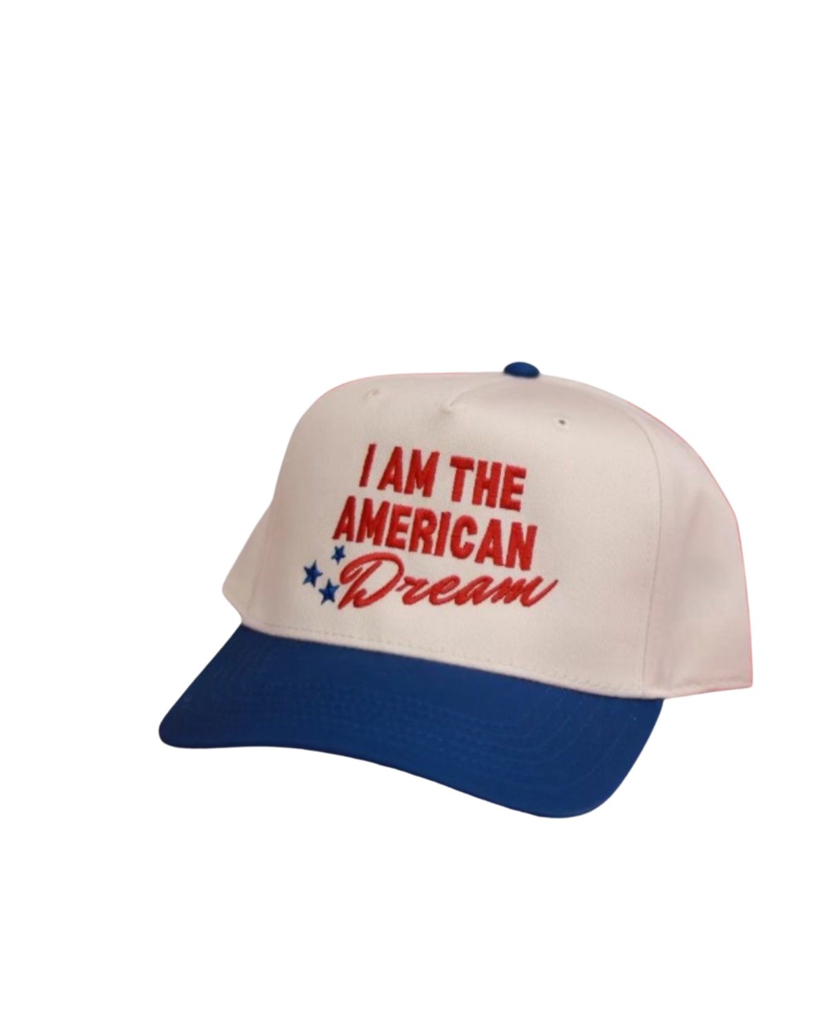 White and navy baseball cap with red text reading I AM THE AMERICAN Dream and small star graphics