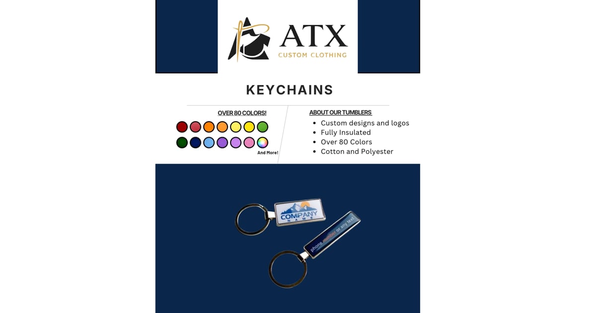 ATX Keychains product display showing color options and two resin keychain designs against dark background